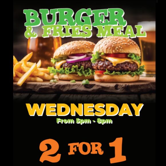 2 FOR 1 BURGERS – WEDNESDAY